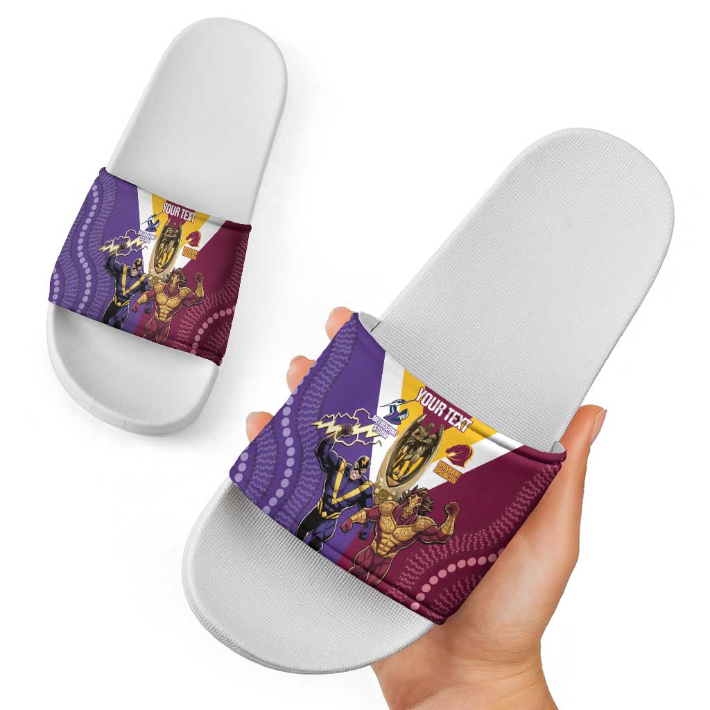 Storm And Broncos Rugby Custom Slide Sandals Melbourne Brisbane Final Together Mascots Style - Aussie Hoodie
