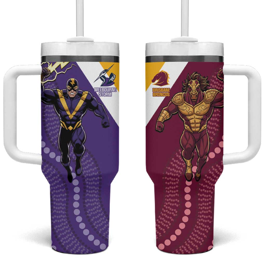 Storm And Broncos Rugby Custom Tumbler With Handle Melbourne Brisbane Final Together Mascots Style - Aussie Hoodie