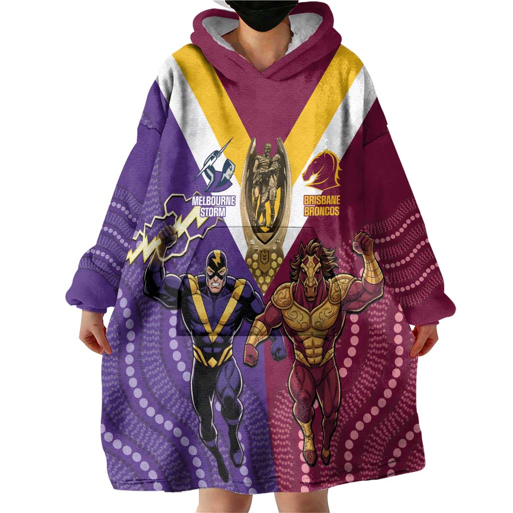 Storm And Broncos Rugby Custom Wearable Blanket Hoodie Melbourne Brisbane Final Together Mascots Style - Aussie Hoodie