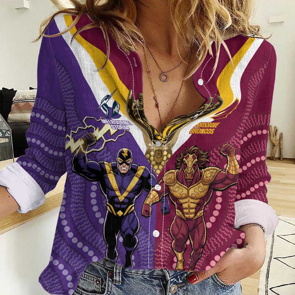 Storm And Broncos Rugby Custom Women Casual Shirt Melbourne Brisbane Final Together Mascots Style - Aussie Hoodie