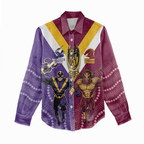 Storm And Broncos Rugby Custom Women Casual Shirt Melbourne Brisbane Final Together Mascots Style - Aussie Hoodie