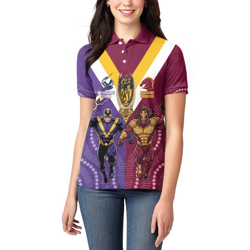 Storm And Broncos Rugby Custom Women Polo Shirt Melbourne Brisbane Final Together Mascots Style - Aussie Hoodie