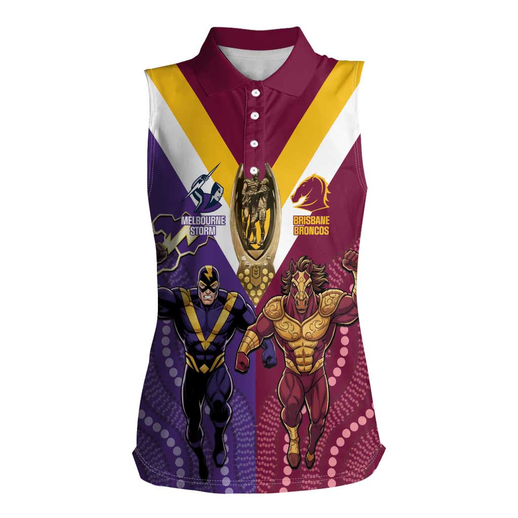 Storm And Broncos Rugby Custom Women Sleeveless Polo Shirt Melbourne Brisbane Final Together Mascots Style - Aussie Hoodie