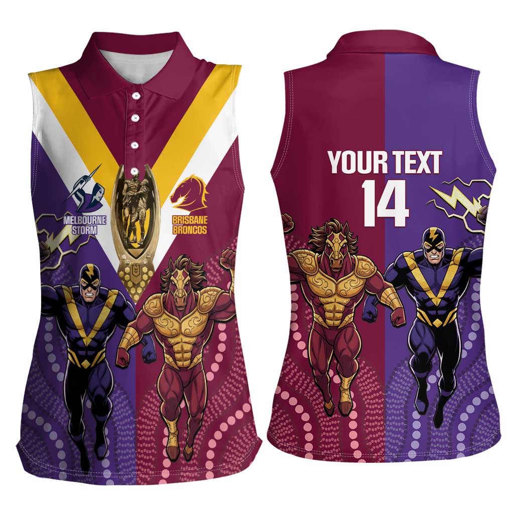 Storm And Broncos Rugby Custom Women Sleeveless Polo Shirt Melbourne Brisbane Final Together Mascots Style - Aussie Hoodie