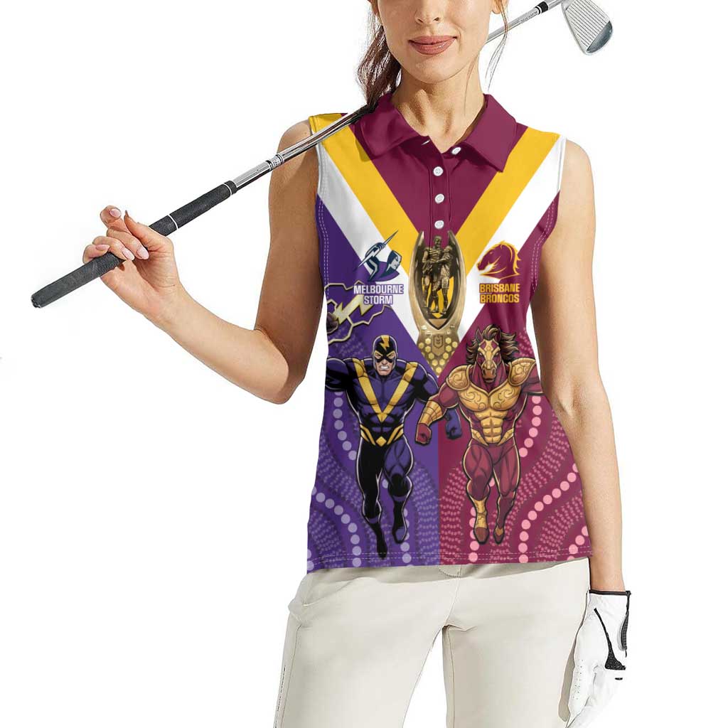 Storm And Broncos Rugby Custom Women Sleeveless Polo Shirt Melbourne Brisbane Final Together Mascots Style - Aussie Hoodie