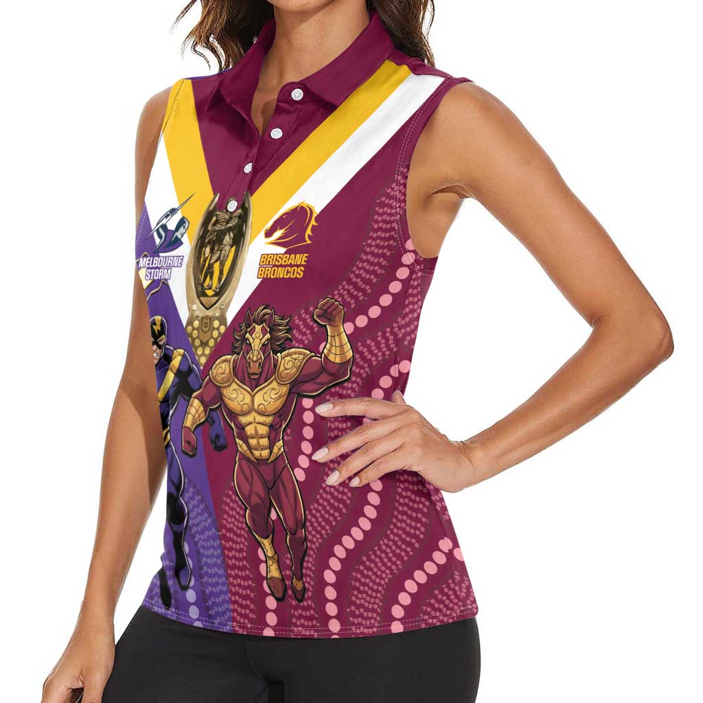 Storm And Broncos Rugby Custom Women Sleeveless Polo Shirt Melbourne Brisbane Final Together Mascots Style - Aussie Hoodie
