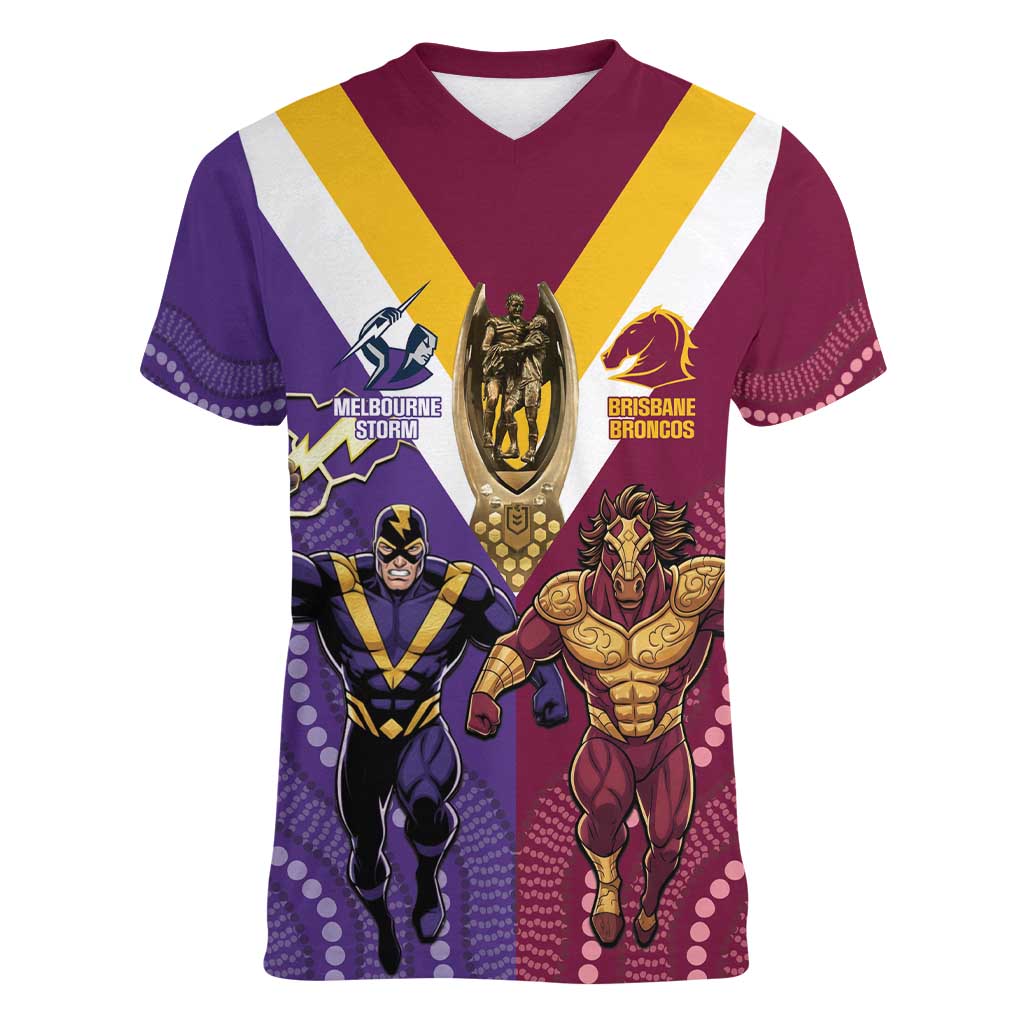 Storm And Broncos Rugby Custom Women V-Neck T-Shirt Melbourne Brisbane Final Together Mascots Style - Aussie Hoodie
