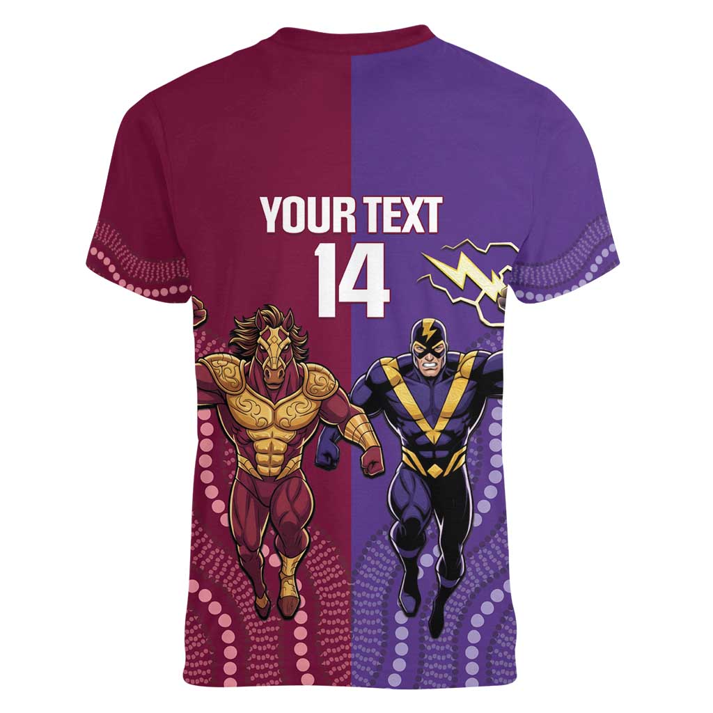 Storm And Broncos Rugby Custom Women V-Neck T-Shirt Melbourne Brisbane Final Together Mascots Style - Aussie Hoodie