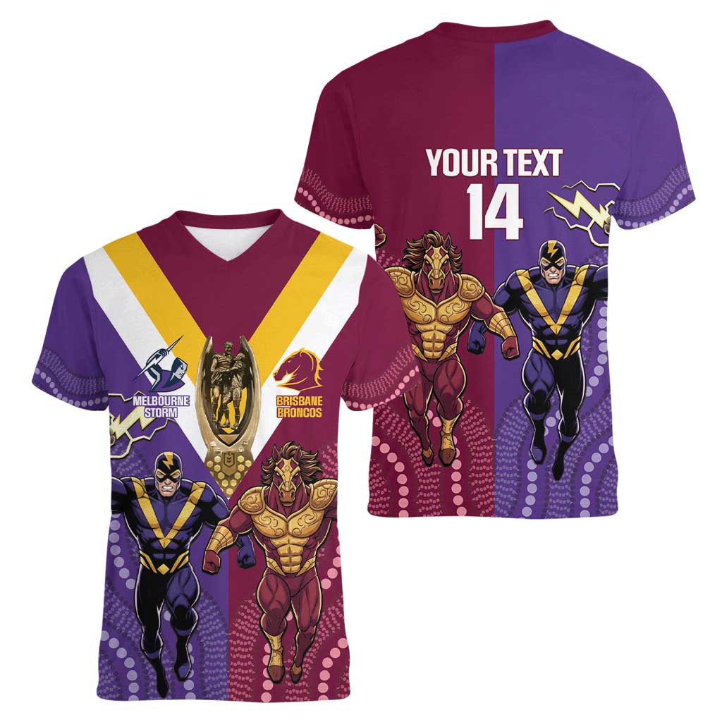 Storm And Broncos Rugby Custom Women V-Neck T-Shirt Melbourne Brisbane Final Together Mascots Style - Aussie Hoodie