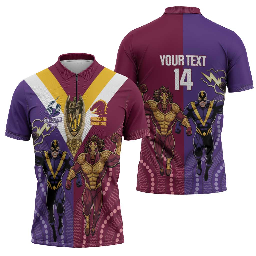 Storm And Broncos Rugby Custom Zipper Polo Shirt Melbourne Brisbane Final Together Mascots Style - Aussie Hoodie