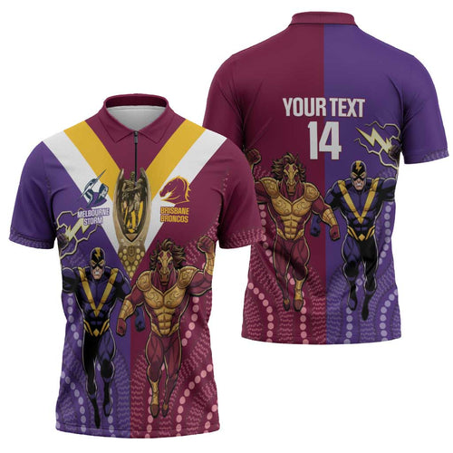 Storm And Broncos Rugby Custom Zipper Polo Shirt Melbourne Brisbane Final Together Mascots Style - Aussie Hoodie