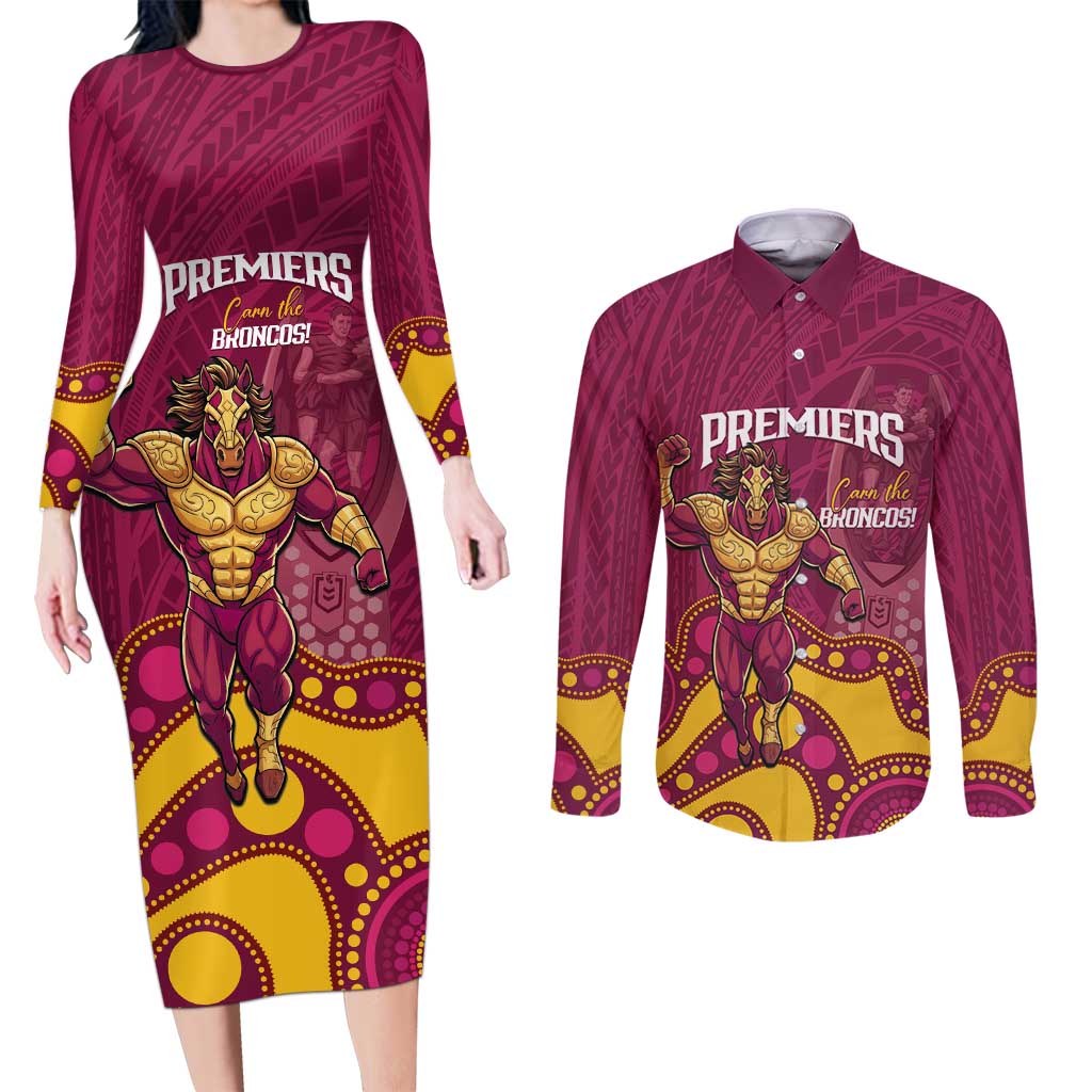 NRL Broncos Rugby Custom Couples Matching Long Sleeve Bodycon Dress and Long Sleeve Button Shirt Premiers Trophy Carn The Bronx - Aussie Hoodie
