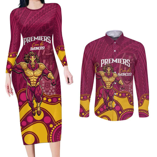 NRL Broncos Rugby Custom Couples Matching Long Sleeve Bodycon Dress and Long Sleeve Button Shirt Premiers Trophy Carn The Bronx - Aussie Hoodie
