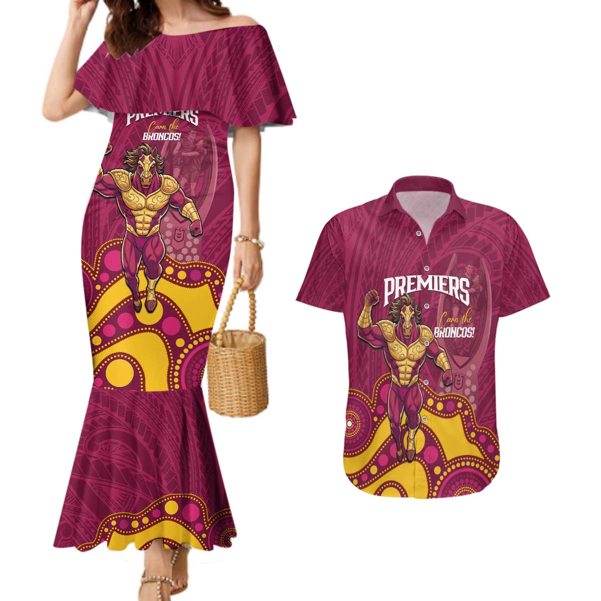 NRL Broncos Rugby Custom Couples Matching Mermaid Dress and Hawaiian Shirt Premiers Trophy Carn The Bronx - Aussie Hoodie