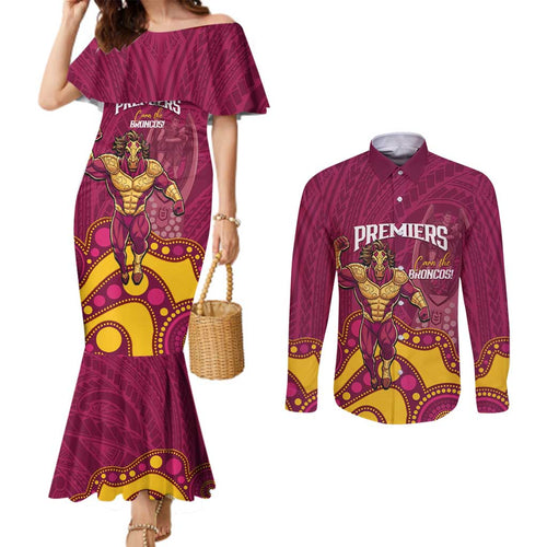 NRL Broncos Rugby Custom Couples Matching Mermaid Dress and Long Sleeve Button Shirt Premiers Trophy Carn The Bronx - Aussie Hoodie