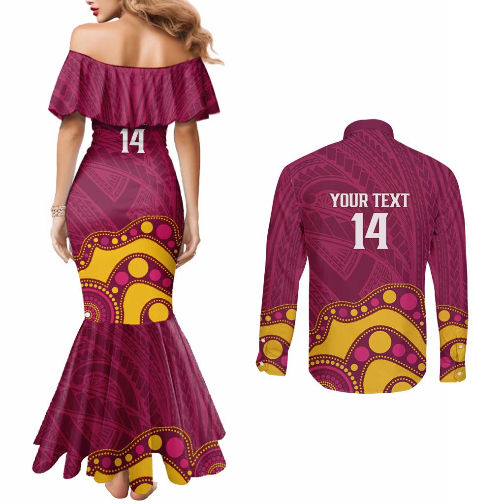 NRL Broncos Rugby Custom Couples Matching Mermaid Dress and Long Sleeve Button Shirt Premiers Trophy Carn The Bronx - Aussie Hoodie