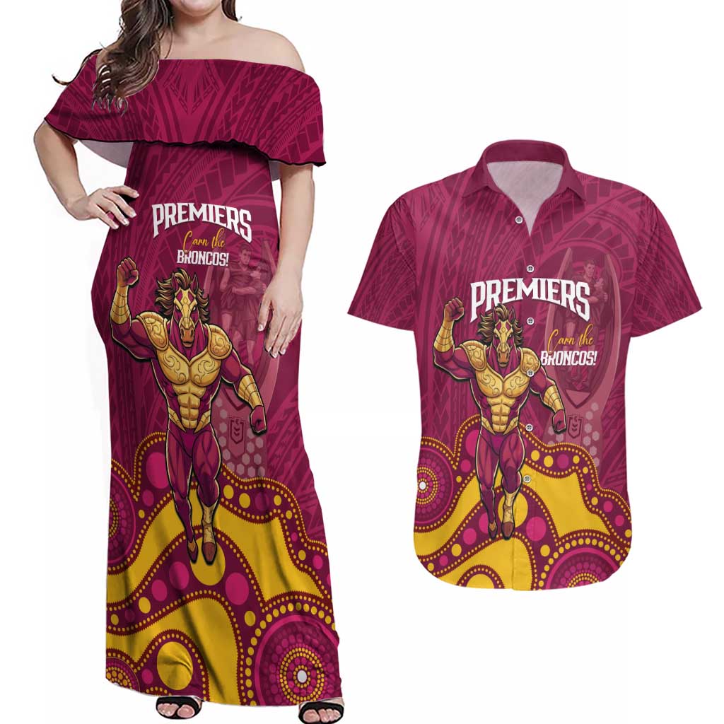 NRL Broncos Rugby Custom Couples Matching Off Shoulder Maxi Dress and Hawaiian Shirt Premiers Trophy Carn The Bronx - Aussie Hoodie