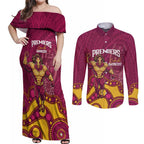 NRL Broncos Rugby Custom Couples Matching Off Shoulder Maxi Dress and Long Sleeve Button Shirt Premiers Trophy Carn The Bronx - Aussie Hoodie