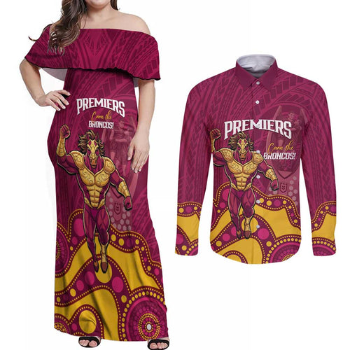 NRL Broncos Rugby Custom Couples Matching Off Shoulder Maxi Dress and Long Sleeve Button Shirt Premiers Trophy Carn The Bronx - Aussie Hoodie