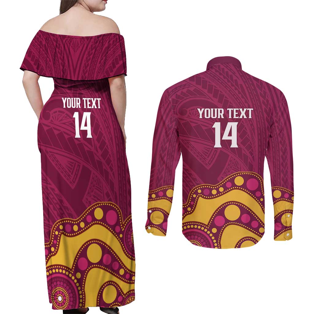 NRL Broncos Rugby Custom Couples Matching Off Shoulder Maxi Dress and Long Sleeve Button Shirt Premiers Trophy Carn The Bronx - Aussie Hoodie