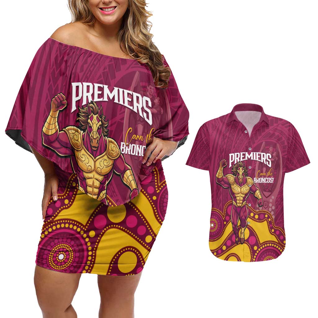 NRL Broncos Rugby Custom Couples Matching Off Shoulder Short Dress and Hawaiian Shirt Premiers Trophy Carn The Bronx - undefined