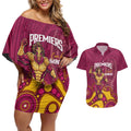 NRL Broncos Rugby Custom Couples Matching Off Shoulder Short Dress and Hawaiian Shirt Premiers Trophy Carn The Bronx - undefined
