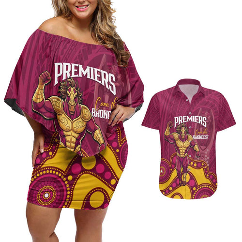 NRL Broncos Rugby Custom Couples Matching Off Shoulder Short Dress and Hawaiian Shirt Premiers Trophy Carn The Bronx - undefined
