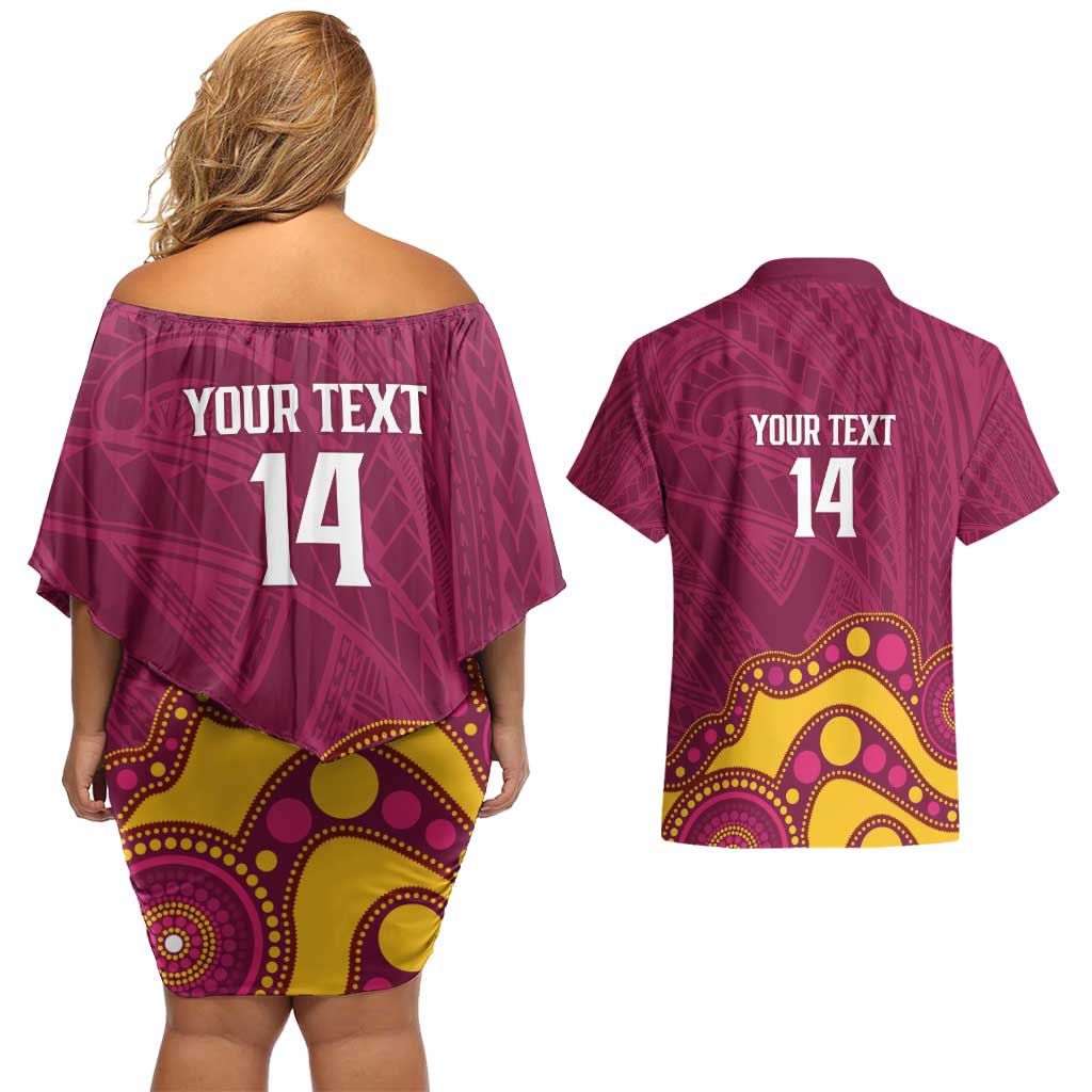 NRL Broncos Rugby Custom Couples Matching Off Shoulder Short Dress and Hawaiian Shirt Premiers Trophy Carn The Bronx - undefined
