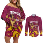 NRL Broncos Rugby Custom Couples Matching Off Shoulder Short Dress and Long Sleeve Button Shirt Premiers Trophy Carn The Bronx - Aussie Hoodie