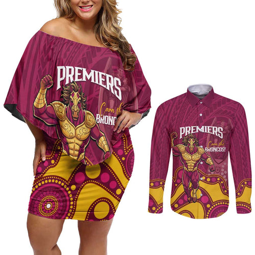 NRL Broncos Rugby Custom Couples Matching Off Shoulder Short Dress and Long Sleeve Button Shirt Premiers Trophy Carn The Bronx - Aussie Hoodie