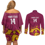 NRL Broncos Rugby Custom Couples Matching Off Shoulder Short Dress and Long Sleeve Button Shirt Premiers Trophy Carn The Bronx - Aussie Hoodie