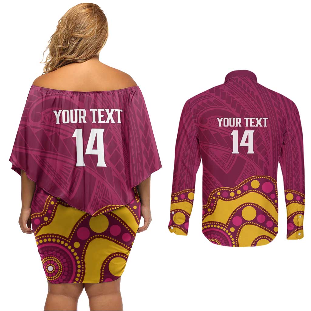 NRL Broncos Rugby Custom Couples Matching Off Shoulder Short Dress and Long Sleeve Button Shirt Premiers Trophy Carn The Bronx - Aussie Hoodie