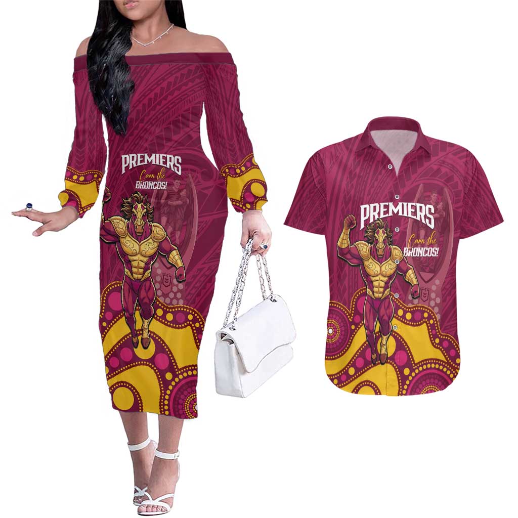 NRL Broncos Rugby Custom Couples Matching Off The Shoulder Long Sleeve Dress and Hawaiian Shirt Premiers Trophy Carn The Bronx - Aussie Hoodie