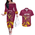 NRL Broncos Rugby Custom Couples Matching Off The Shoulder Long Sleeve Dress and Hawaiian Shirt Premiers Trophy Carn The Bronx - Aussie Hoodie