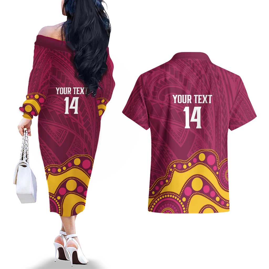 NRL Broncos Rugby Custom Couples Matching Off The Shoulder Long Sleeve Dress and Hawaiian Shirt Premiers Trophy Carn The Bronx - Aussie Hoodie