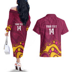 NRL Broncos Rugby Custom Couples Matching Off The Shoulder Long Sleeve Dress and Hawaiian Shirt Premiers Trophy Carn The Bronx - Aussie Hoodie