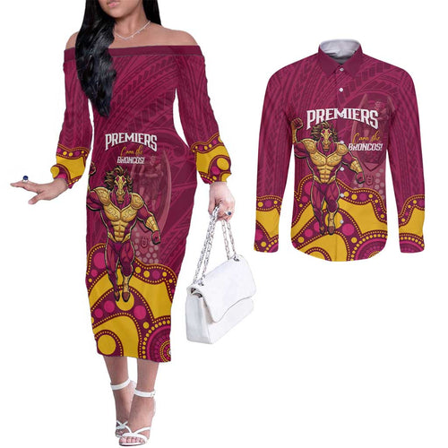 NRL Broncos Rugby Custom Couples Matching Off The Shoulder Long Sleeve Dress and Long Sleeve Button Shirt Premiers Trophy Carn The Bronx - Aussie Hoodie