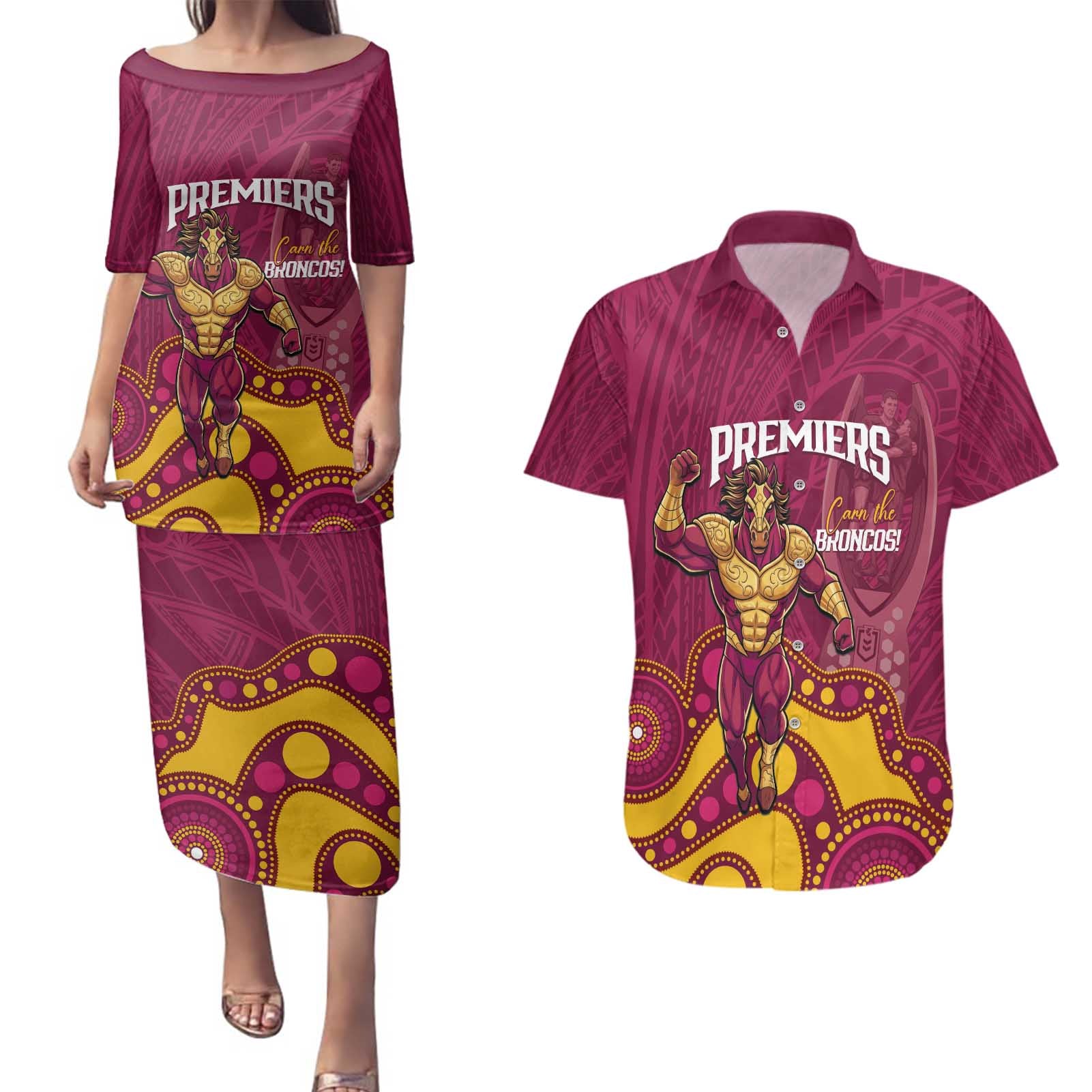 NRL Broncos Rugby Custom Couples Matching Puletasi and Hawaiian Shirt Premiers Trophy Carn The Bronx - Aussie Hoodie