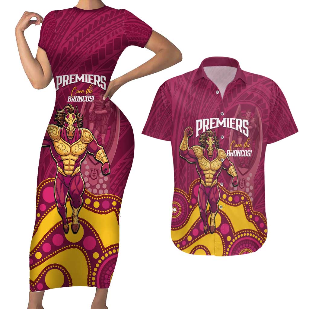 NRL Broncos Rugby Custom Couples Matching Short Sleeve Bodycon Dress and Hawaiian Shirt Premiers Trophy Carn The Bronx - Aussie Hoodie