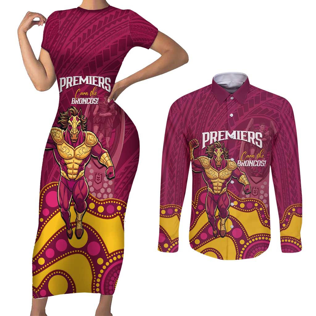 NRL Broncos Rugby Custom Couples Matching Short Sleeve Bodycon Dress and Long Sleeve Button Shirt Premiers Trophy Carn The Bronx - Aussie Hoodie
