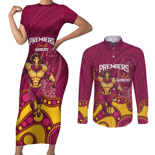 NRL Broncos Rugby Custom Couples Matching Short Sleeve Bodycon Dress and Long Sleeve Button Shirt Premiers Trophy Carn The Bronx - Aussie Hoodie
