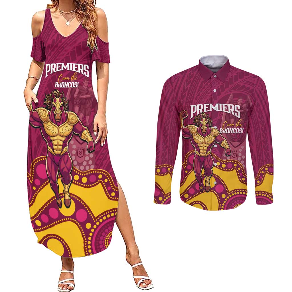 NRL Broncos Rugby Custom Couples Matching Summer Maxi Dress and Long Sleeve Button Shirt Premiers Trophy Carn The Bronx - Aussie Hoodie
