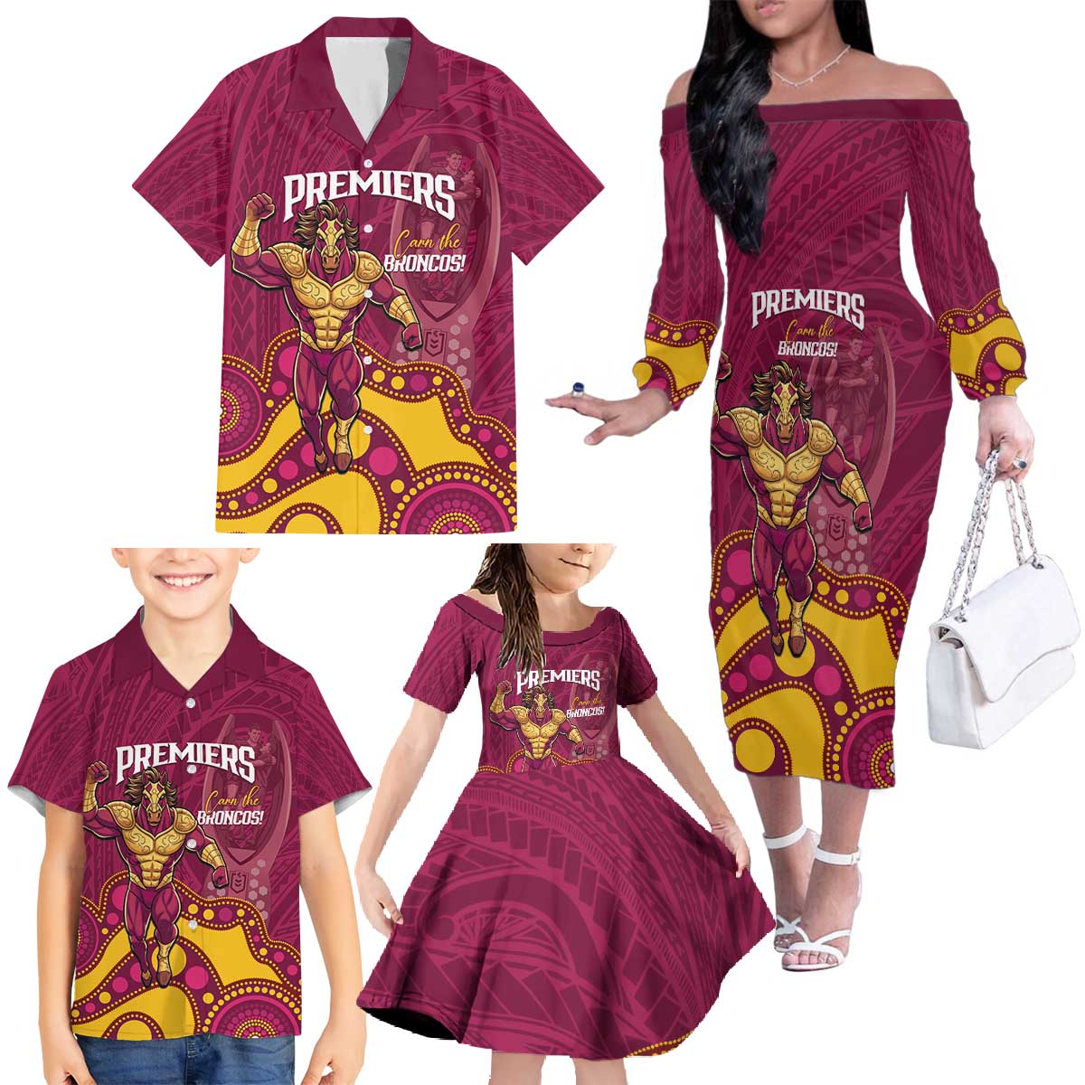 NRL Broncos Rugby Custom Family Matching Off The Shoulder Long Sleeve Dress and Hawaiian Shirt Premiers Trophy Carn The Bronx - Aussie Hoodie