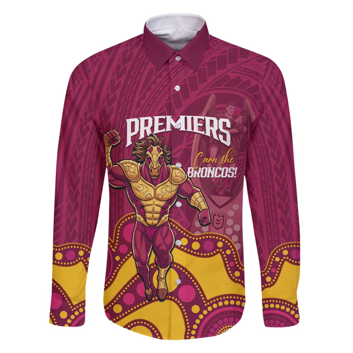 NRL Broncos Rugby Custom Family Matching Off The Shoulder Long Sleeve Dress and Hawaiian Shirt Premiers Trophy Carn The Bronx - Aussie Hoodie