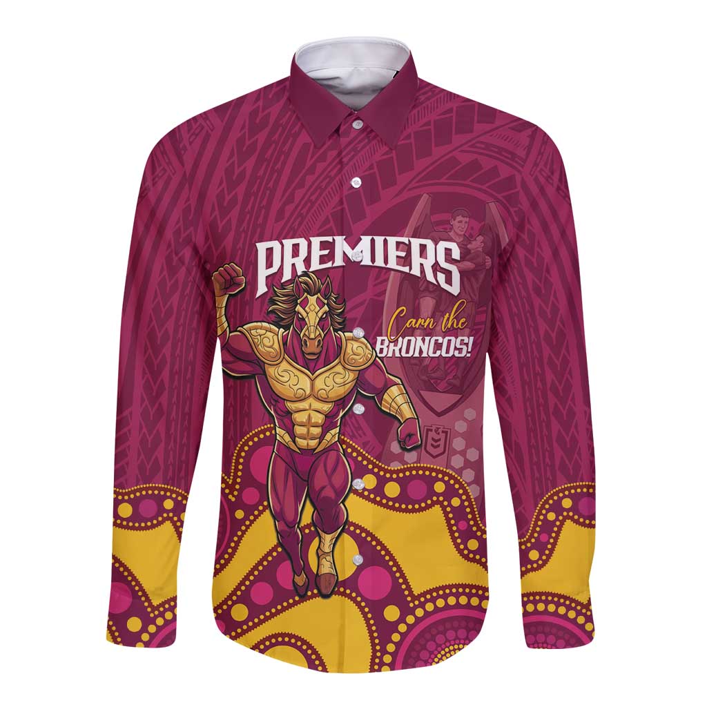 NRL Broncos Rugby Custom Long Sleeve Button Shirt Premiers Trophy Carn The Bronx - Aussie Hoodie