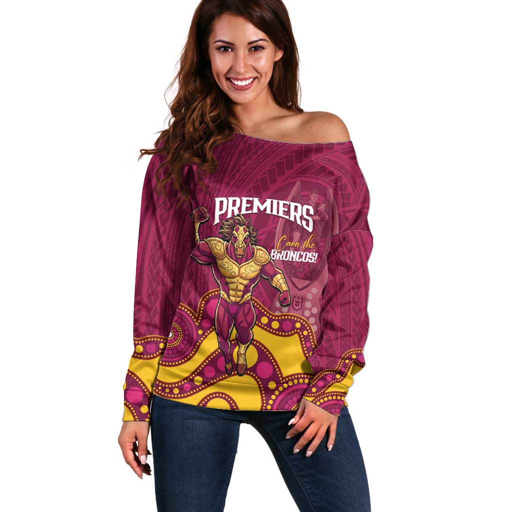 NRL Broncos Rugby Custom Off Shoulder Sweater Premiers Trophy Carn The Bronx - Aussie Hoodie