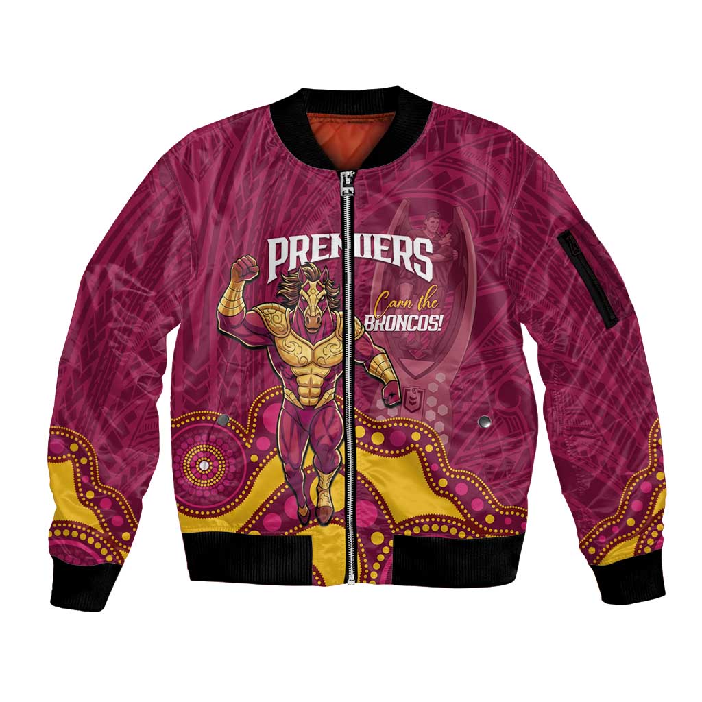 NRL Broncos Rugby Custom Sleeve Zip Bomber Jacket Premiers Trophy Carn The Bronx - Aussie Hoodie