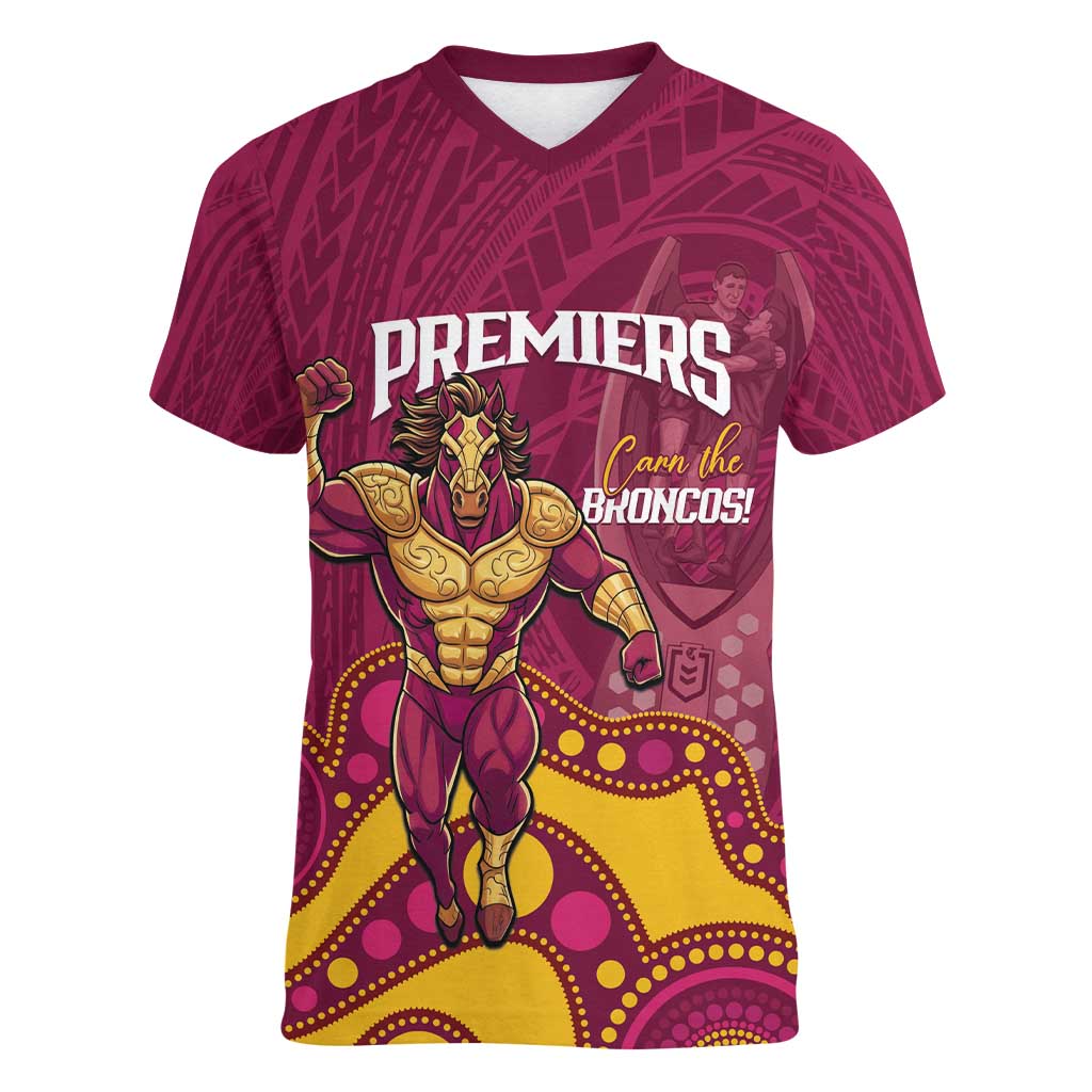 NRL Broncos Rugby Custom Women V-Neck T-Shirt Premiers Trophy Carn The Bronx - Aussie Hoodie