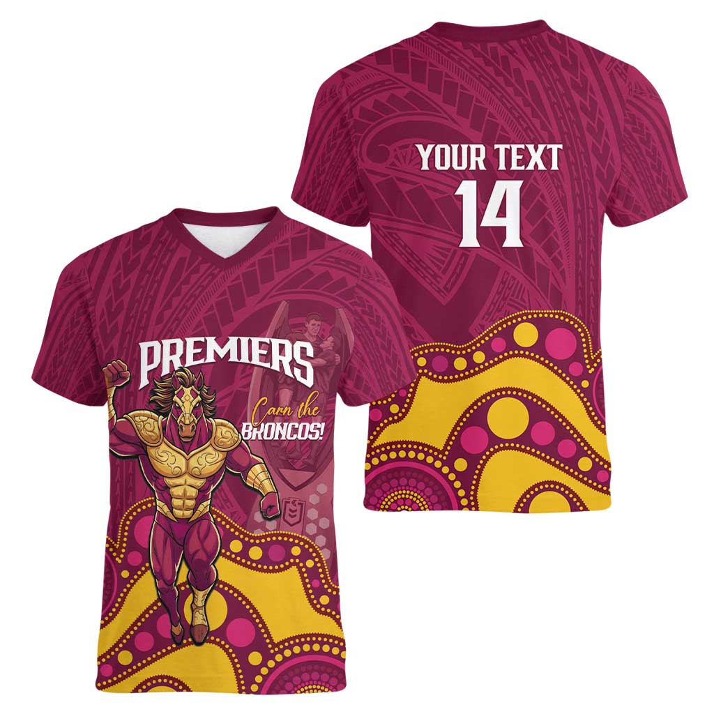 NRL Broncos Rugby Custom Women V-Neck T-Shirt Premiers Trophy Carn The Bronx - Aussie Hoodie