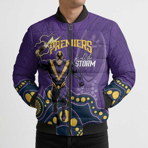 NRL Melbourne Rugby Custom Bomber Puffer Jacket Premiers Trophy Ride The Storm - Aussie Hoodie
